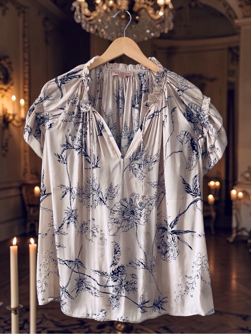 Philosophy Flouncy Sleeve Blouse Womens 1X Cream black Toile Floral Romantic